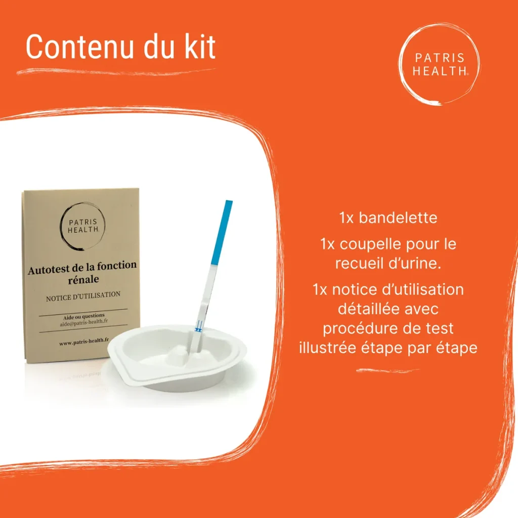 Contenu du kit Patris Health – autotest fonction rénale albumine