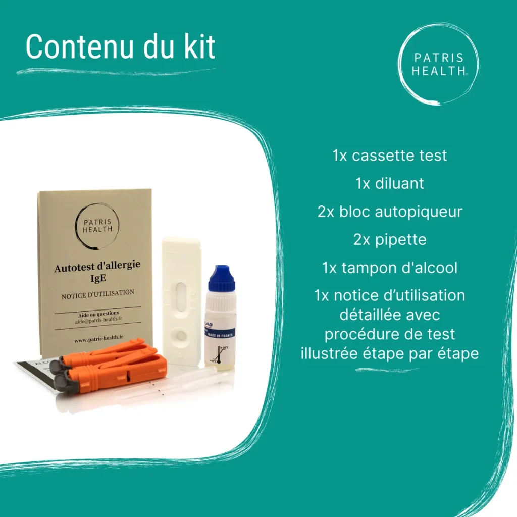 Contenu du kit autotest allergie Patris Health – test IgE